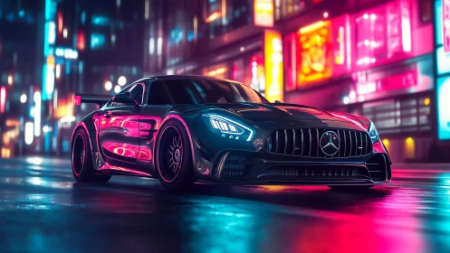 Neon-lit Mercedes AMG GT rendered with high-gloss reflections and depth