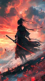 Lone samurai surveys a blazing sky of swirling embers.