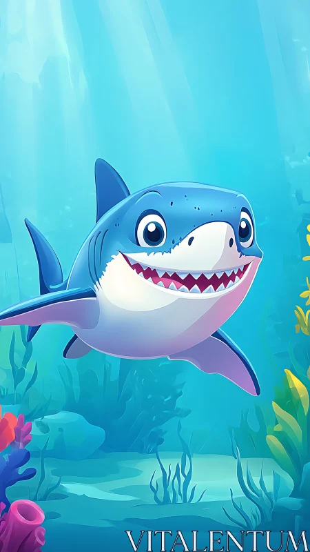 Cartoon shark rendered with smooth gradients in vibrant reef environment
