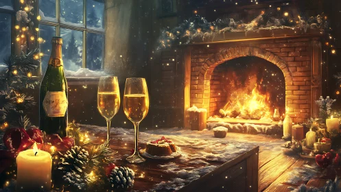 Digital painting of festive winter hearth with holiday still life.