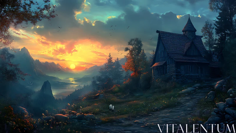 Sunset cottage overlooking a tranquil, glowing mountain lake.