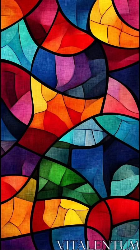Vibrant abstract stained glass mosaic with curved color bands.