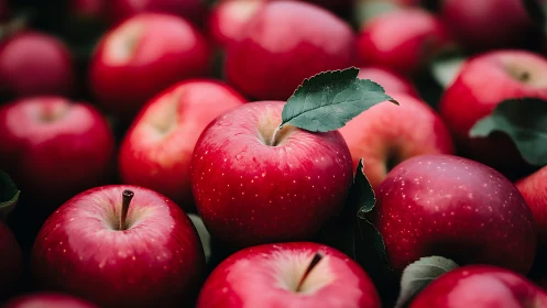 Ruby orchard chorus of dewy apples in lush crimson piles.