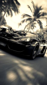 Black sports car speeds along palm lined tropical road