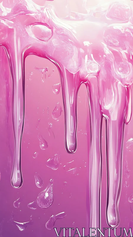 Glossy pink liquid drips in elongated abstract vertical study.
