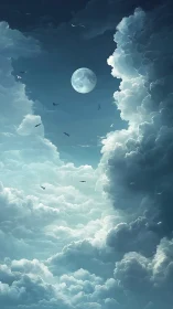 Moonlit clouds cradle a quiet sky full of wandering birds.