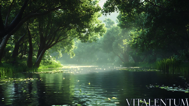 Calm forest river under dense green tree canopy at dawn.