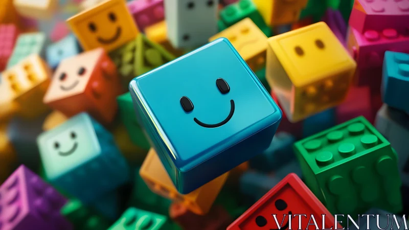 Colorful smiling toy cubes in close-up playful arrangement.