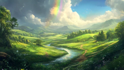 Sunlit valley river under rainbow and distant mountains.