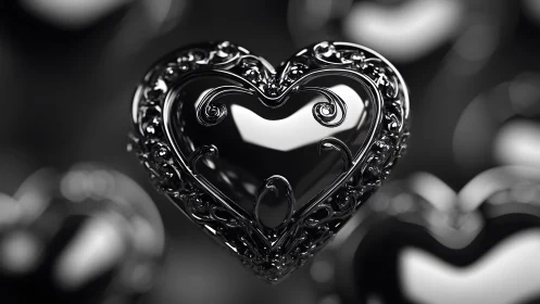 Ornate Metallic Heart in Black and White, Elegant 3D Art Style.