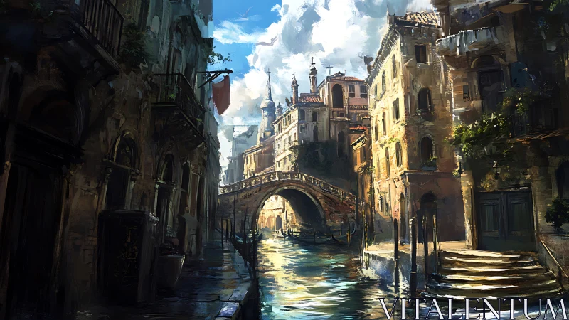 Sunlit canal bridge where old stone streets breathe slowly.