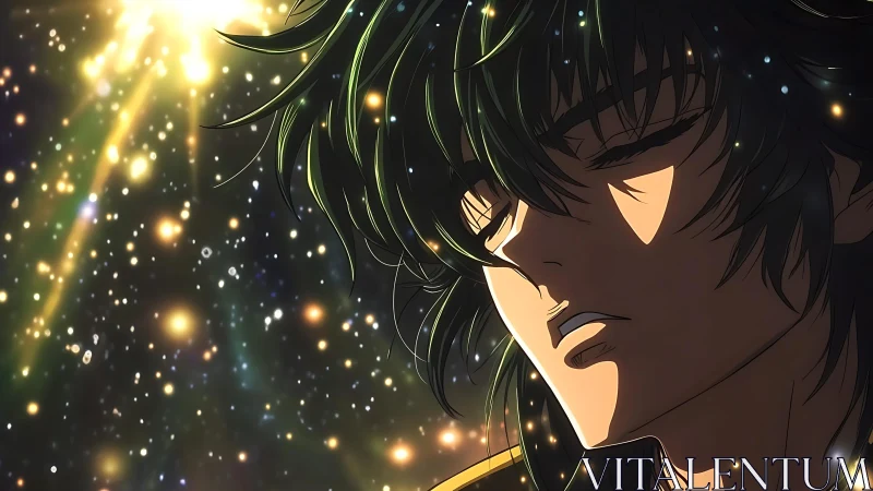 Serene anime warrior drifts in luminous cosmic starlight