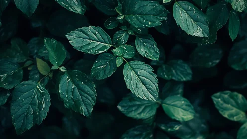 Close-up foliage with dark green leaves and water droplets.