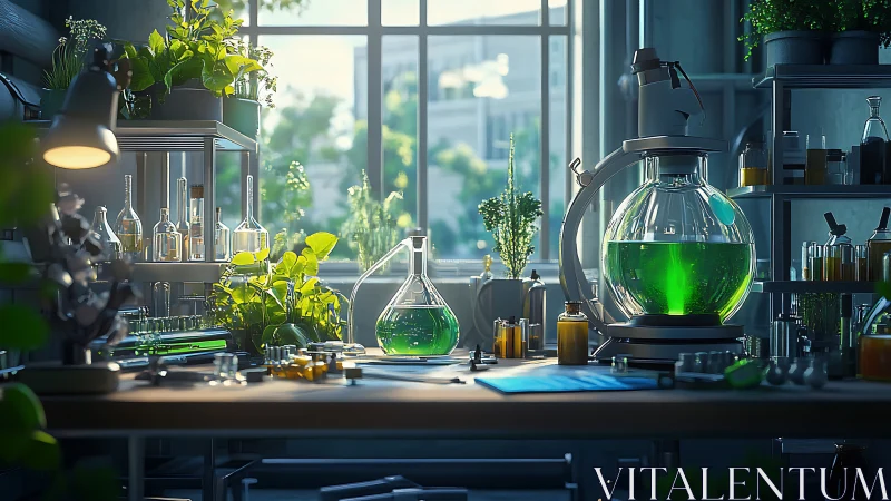 Biophilic laboratory bench integrates glassware with luminous green serum