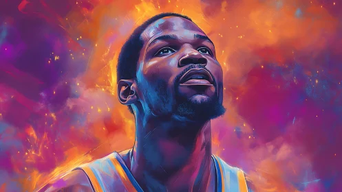 Vibrant digital portrait of basketball player in neon clouds