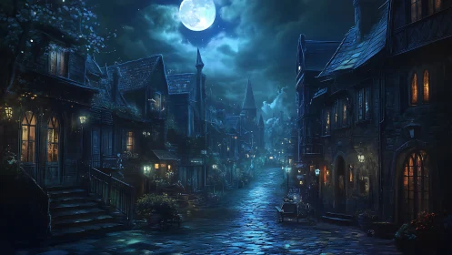 Moonlit cobblestone street glows through misty fantasy night