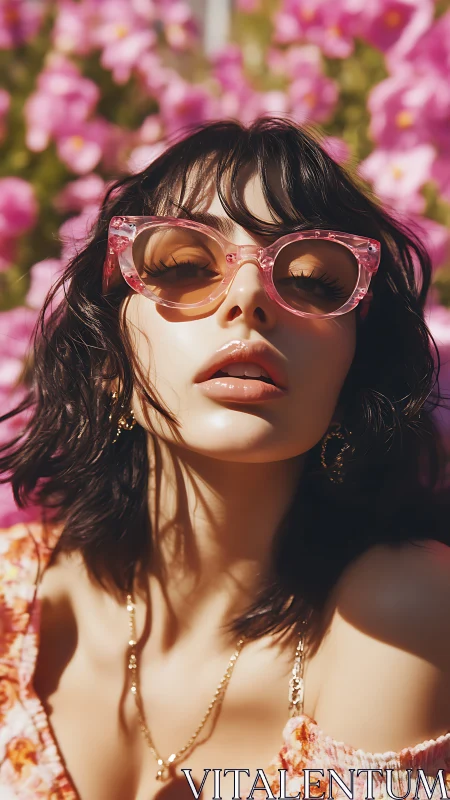 High-key portrait of woman in pink acetate sunglasses outdoors
