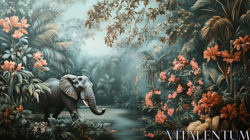 Elephant stands in misty jungle grove with coral blooms.