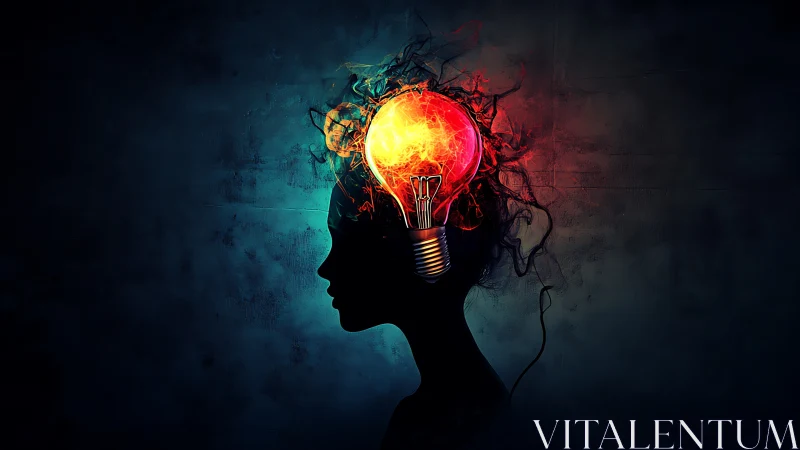 Silhouetted human profile with incandescent brain lightbulb glow