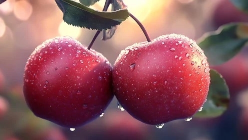 Dewy twin apples glowing in a sunrise orchard hush.