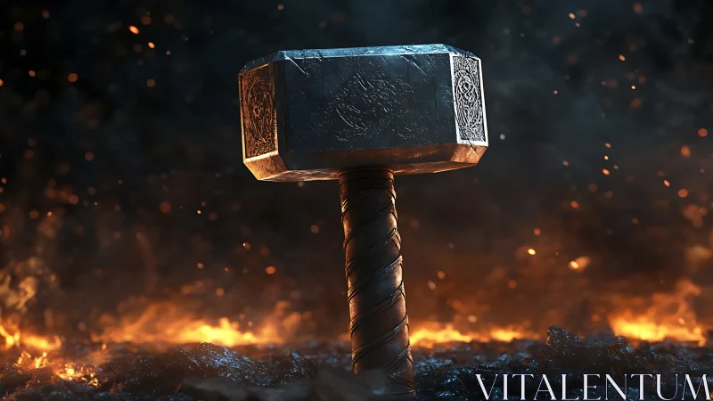 Mighty forged hammer stands proud above glowing molten ground