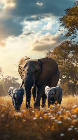 Sunlit elephant family wandering through golden meadow.