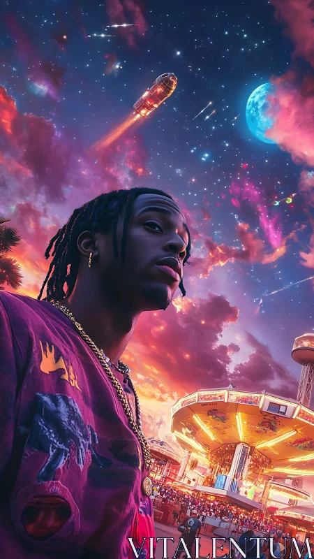 Futuristic carnival portrait under neon galactic skyline.