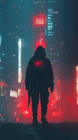 Lone hooded figure stalks through neon soaked cyberpunk alleyway.