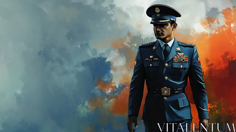 Proud military officer walks forward against bold colors