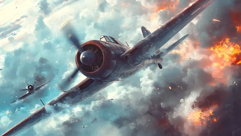 Radial engine fighter diving through exploding storm clouds