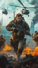 Armed soldiers advance through burning battlefield terrain