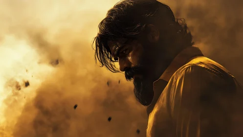 Brooding warrior in molten dust-light stares into silence.