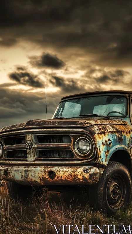 Rust crowned pickup under storm bruised prairie sky.