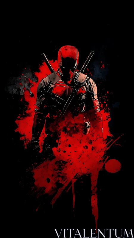 Comic poster of masked antihero in red splatter silhouette.