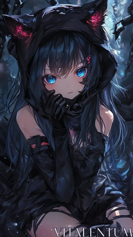 Midnight cat-eared girl gazes softly with luminous blue eyes