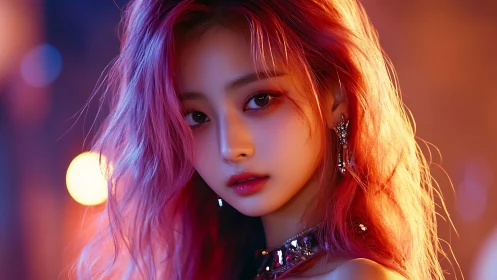 Digital portrait of young woman with vivid pink hair.