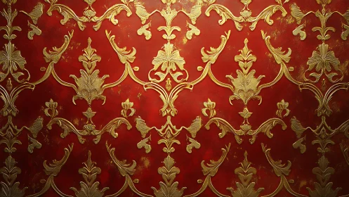 Ornate gold damask pattern enriches textured red backdrop