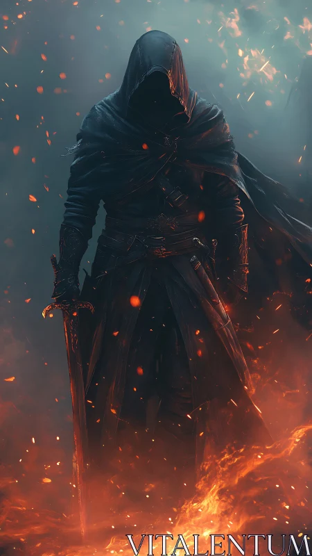 Hooded pyroknight in ember-saturated infernal battlefield.