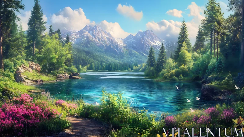 Luminous alpine lake beneath snowcapped peaks at sunrise.