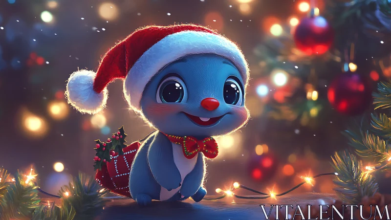 Blue cartoon creature in Santa hat stands before lit tree