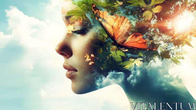 Female profile blending with sky, foliage and butterfly form.