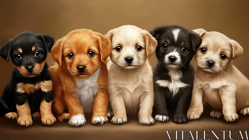Digital portrait of five puppies with glossy fur textures.