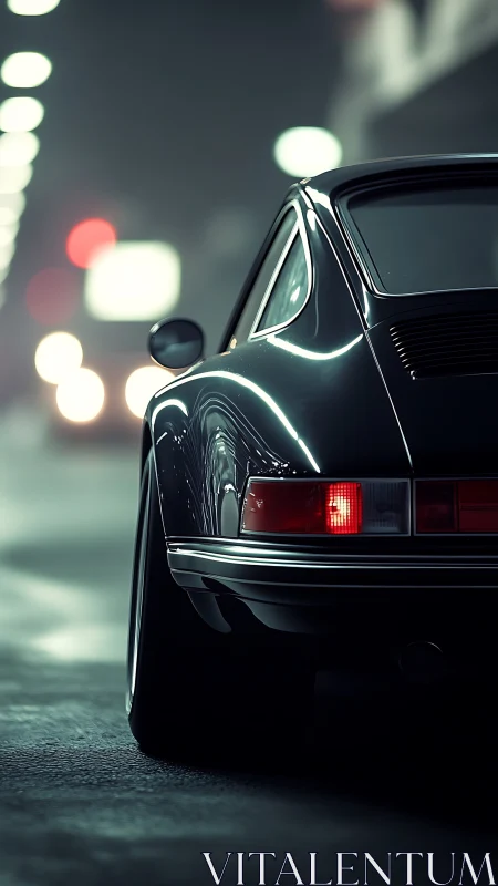 Sleek classic sports car glows under moody city lights