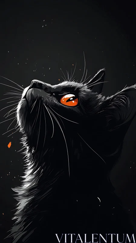Black Cat with Glowing Orange Eyes Against Dark Background.
