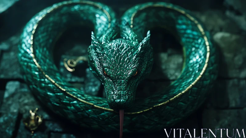 Emerald serpent guardian coiled in shimmering ancient stone.