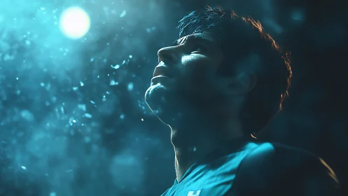 Starlit resolve ignites in a lone athlete’s upward gaze.