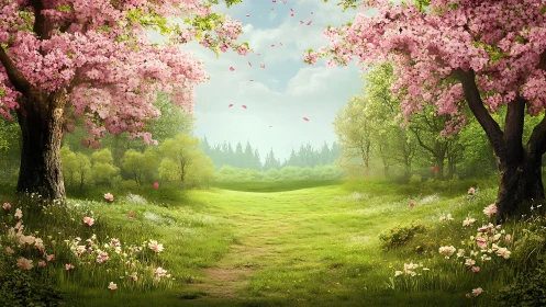 Spring meadow framed by flowering cherry trees in soft light