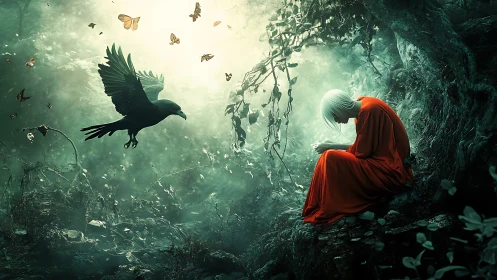 Forest of hush and crows around the girl in ember robes.