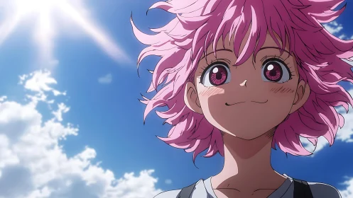 High-angle anime portrait under radiant summer sky lighting.