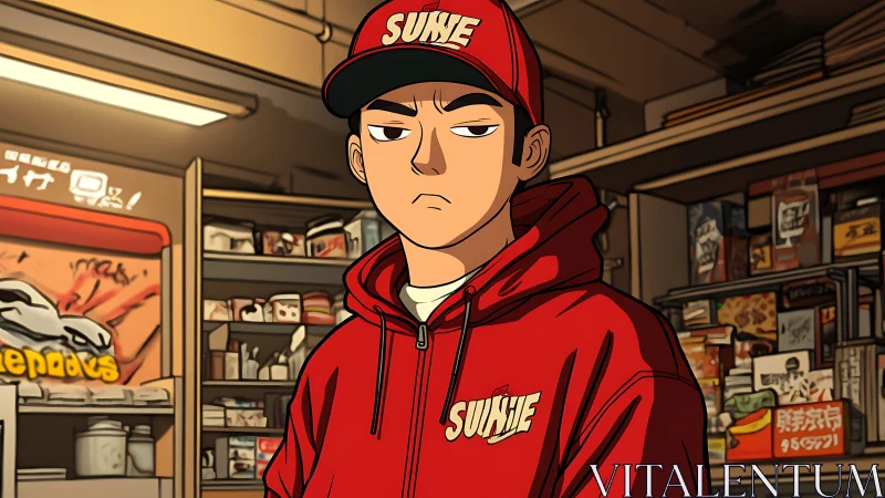 Streetwear clerk in saturated anime convenience store interior.